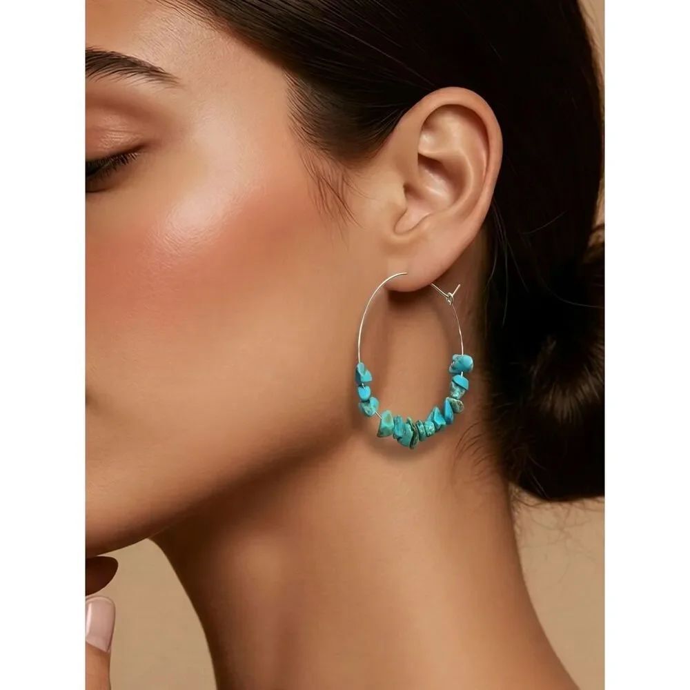 Natural Turquoise Chip Hoop Earrings Boho Western Silver Beaded Wire Jewelry